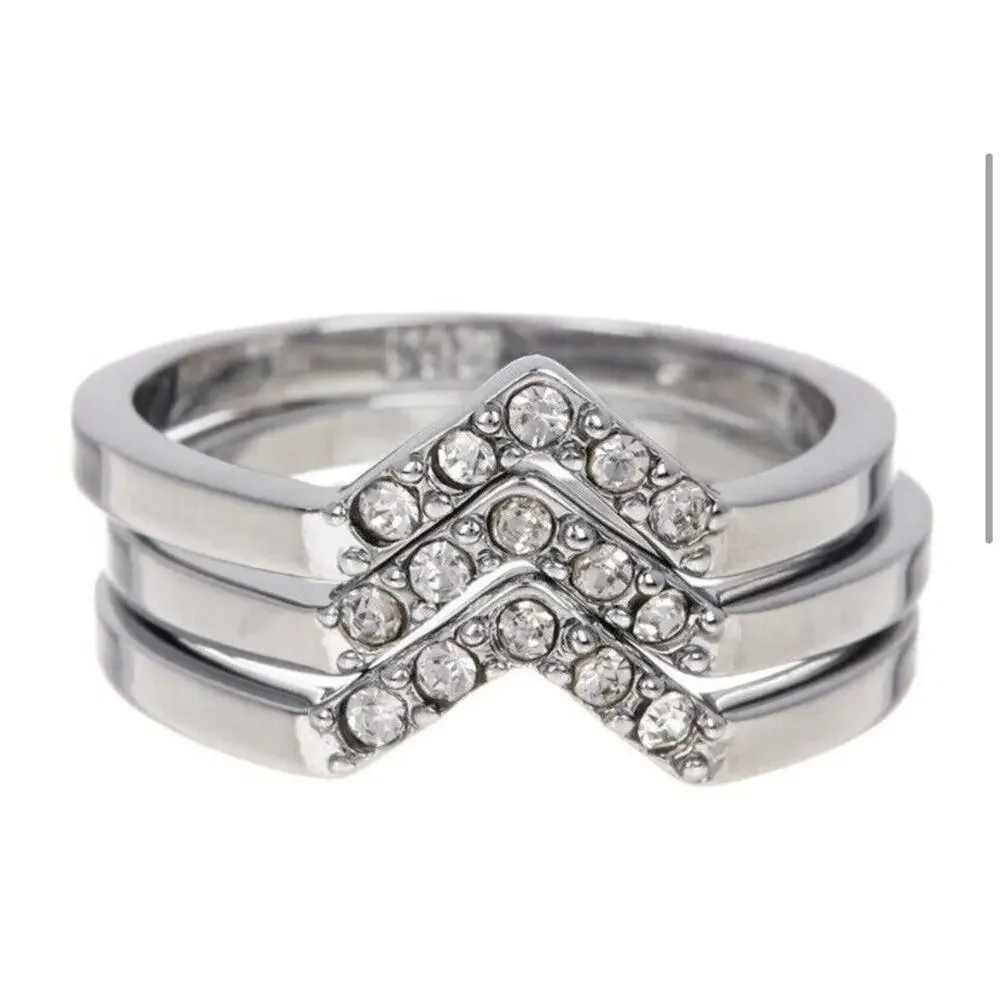 Rebecca Minkoff Crystal CZ Chevron Ring Set Of 3 Rings Size 7 Rhodium Plated New